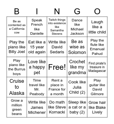 I Wish I Could..... Bingo Card