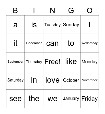 Grade 1 Bingo Card