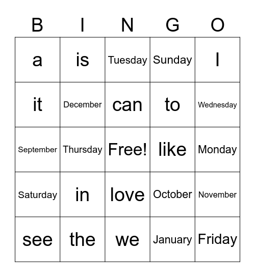 Grade 1 Bingo Card