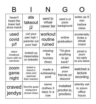 ut quarantine bingo Card