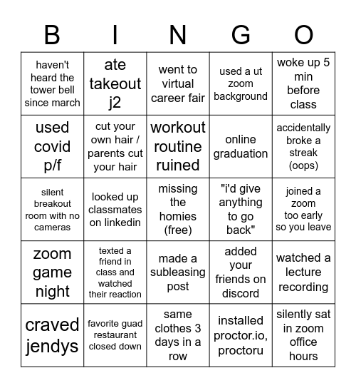 ut quarantine bingo Card