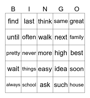 Snap Word Bingo 3 Bingo Card