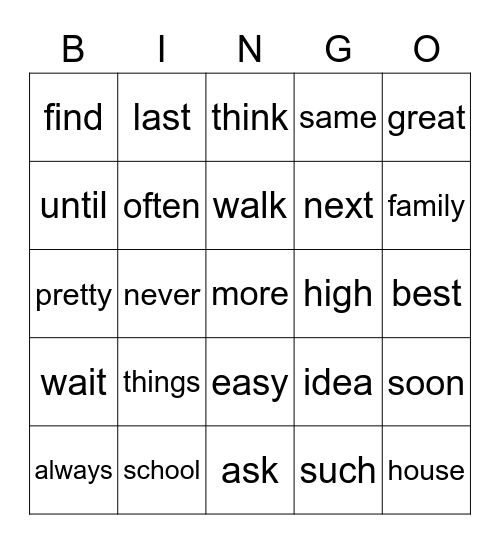 Snap Word Bingo 3 Bingo Card