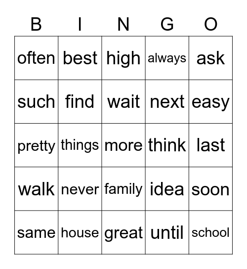Snap Word Bingo 3 Bingo Card