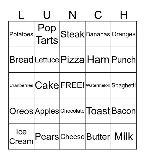 Lunch Bingo Card