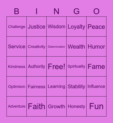 Personal Values Bingo Card