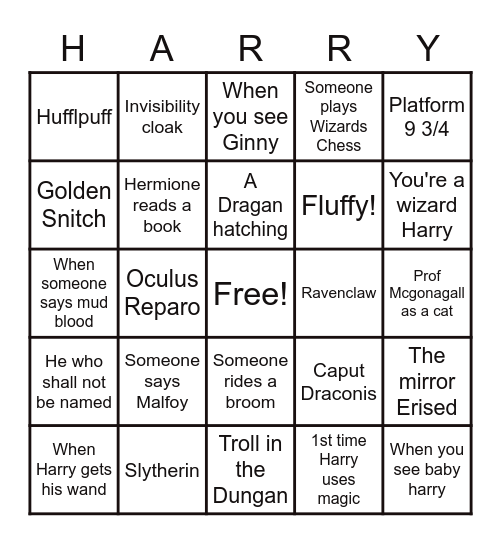 Harry Potter party Bingo Card