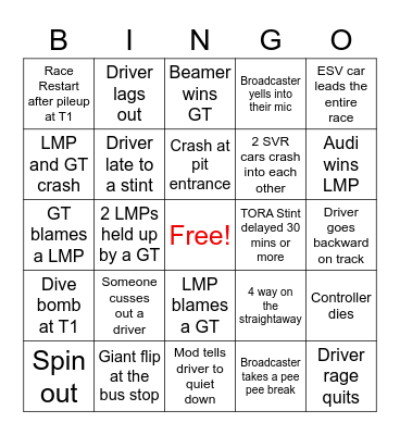 TORA Enduro Bingo Card
