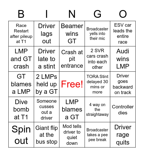 TORA Enduro Bingo Card