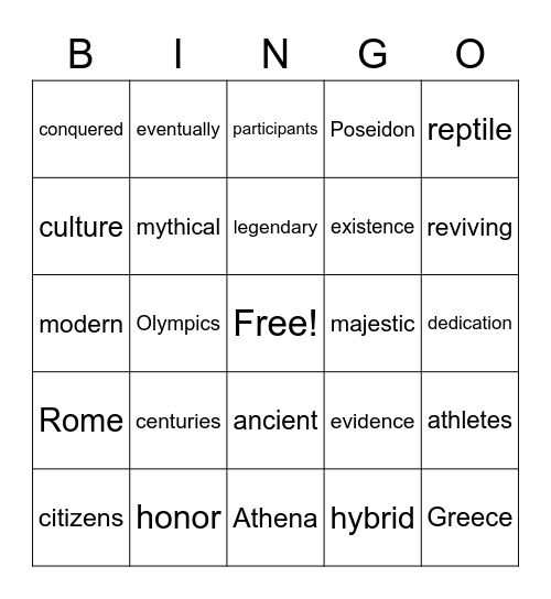 Legendary Creatures and the Olympic Games Bingo Card