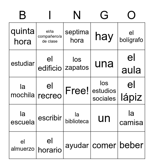 School Vocab. Review Bingo Card