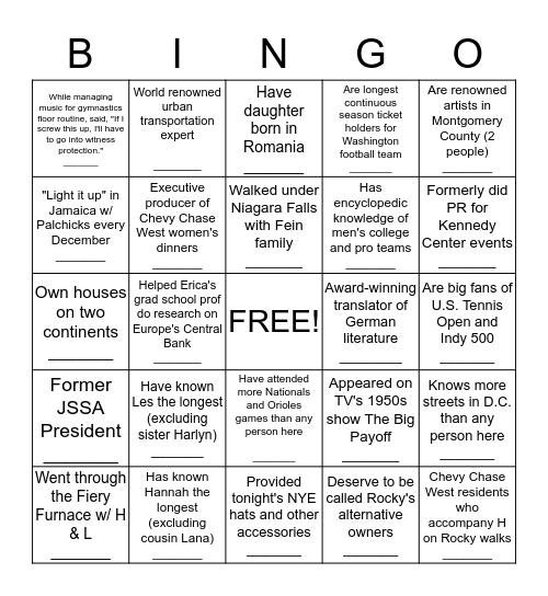Know Your Hosts and Party Guests Bingo Card
