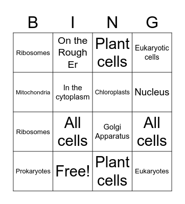 Organelle BIngo Card