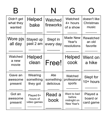 Winter Break Bingo Card