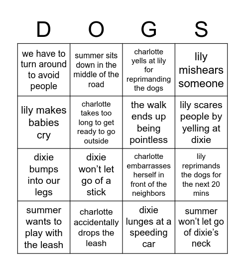 walking summer & dixie Bingo Card