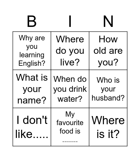 Questions Bingo Card