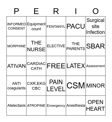 PERI-OPERATIVE BINGO Card