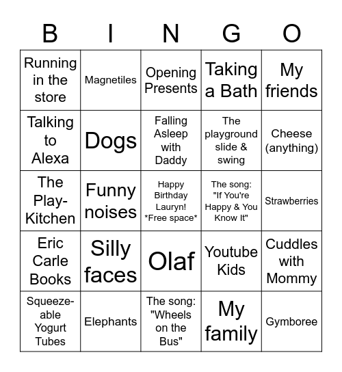 These Are A Few of Lauryn's Favorite Things, Birthday Bingo Card