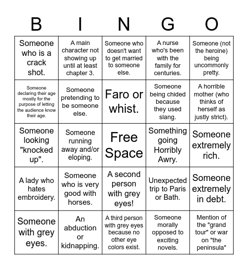 Georgette Heyer Bingo Card