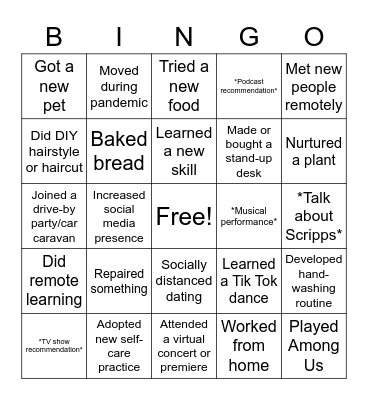 2020 Life Updates Bingo Card