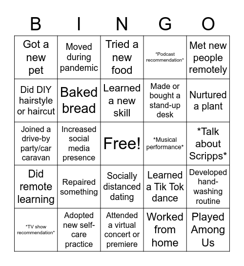 2020 Life Updates Bingo Card