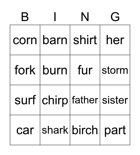 Bossy R words Bingo Card