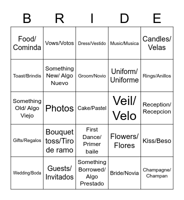 Kim's Bridal Shower Bingo Card