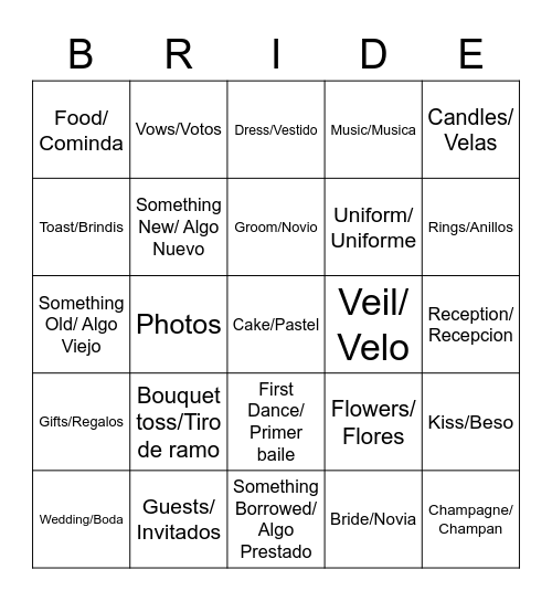 Kim's Bridal Shower Bingo Card