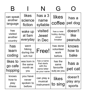 Back To School Bingo (Find Someone Who...) Bingo Card