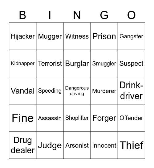 Crime and Punishment Bingo Card
