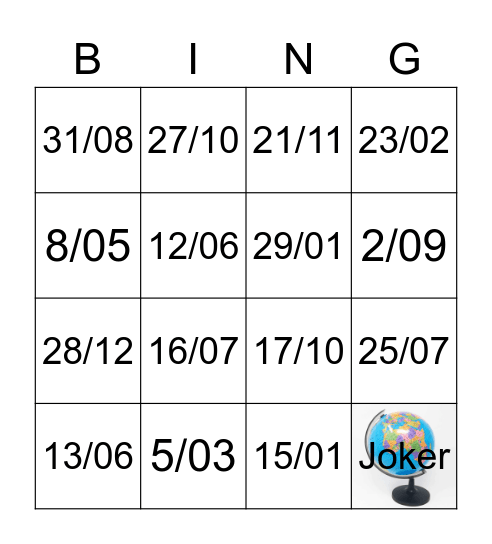 Las fechas Bingo Card