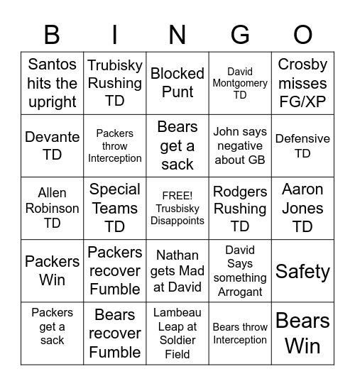 Bears vs Packers Bingo Card