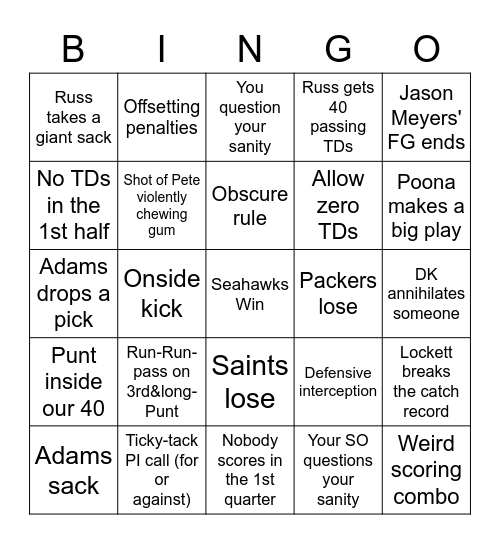 Seahawks v 49ers Bingo Card