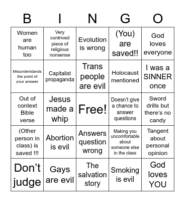 Sunday School Bingo Card