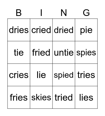 "ie"/long i sounds Bingo Card