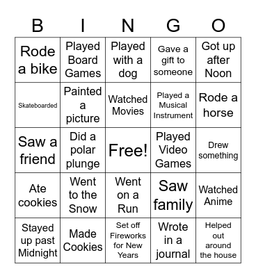 Winter Break Bingo Card