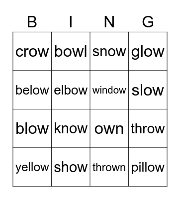 "ow" long o Bingo Card