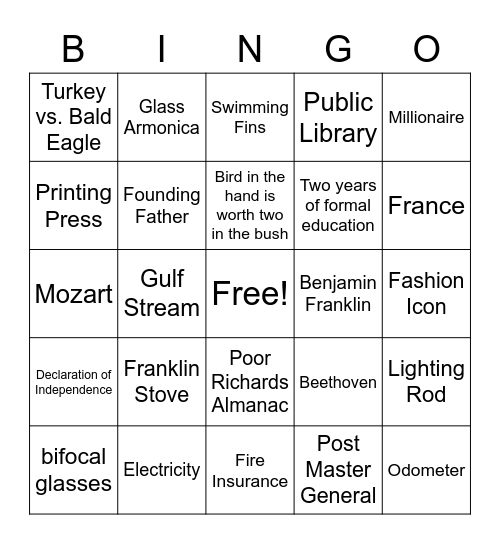 Benjamin Franklin Bingo Card