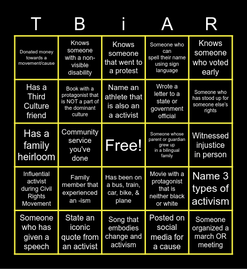 TBiAR: Activism Bingo Card