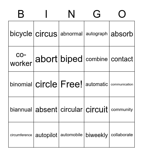 Prefix Bingo Card