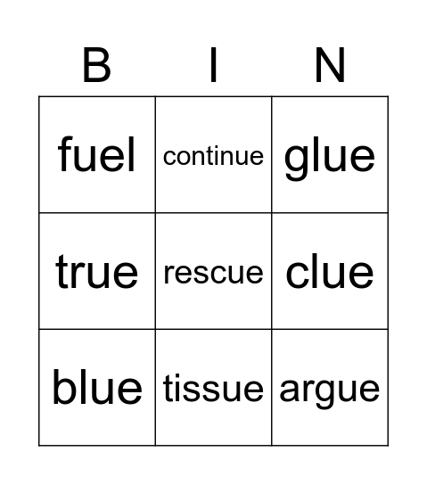 ue words Bingo Card