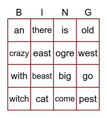 Words from Crazy Cat Bingo Card