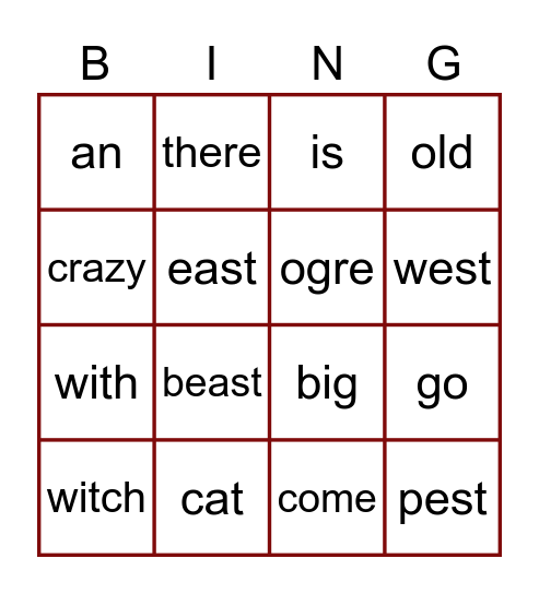 Words from Crazy Cat Bingo Card