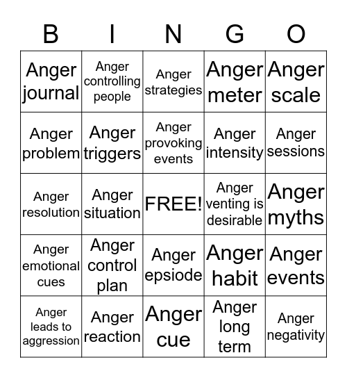Anger Management Review Bingo Card