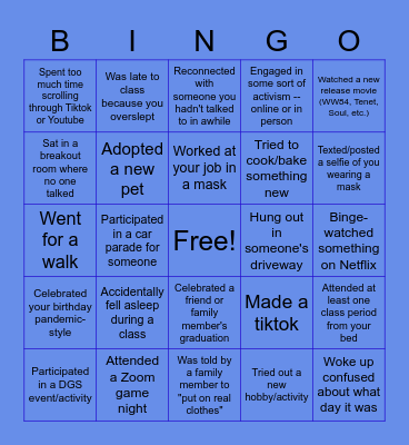 DGS 2020 Bingo Card! Bingo Card