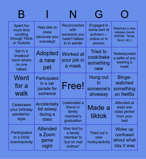 DGS 2020 Bingo Card! Bingo Card