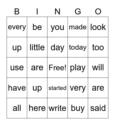 Sight Words Bingo Card