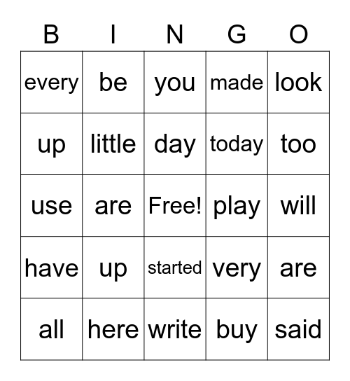 Sight Words Bingo Card