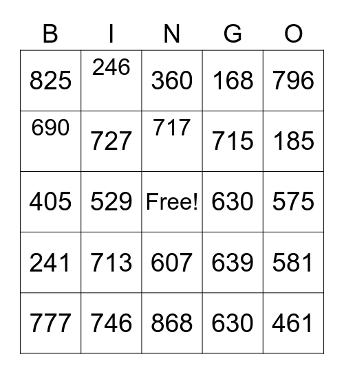 3 digit plus 2 digit addition Bingo Card