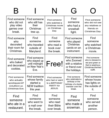 Christmas Break Bingo Card